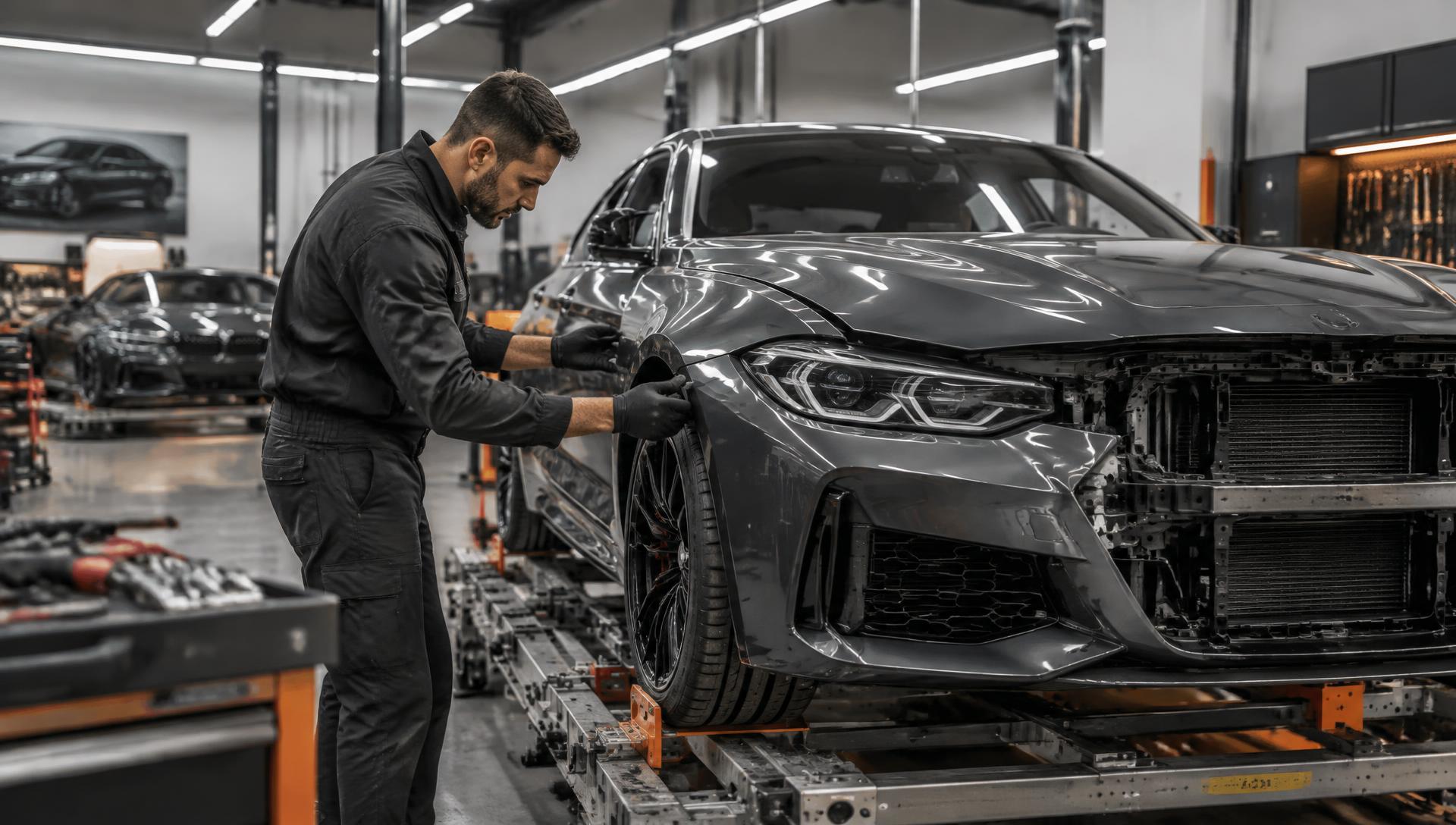 Technician precisely aligning a luxury vehicle panel