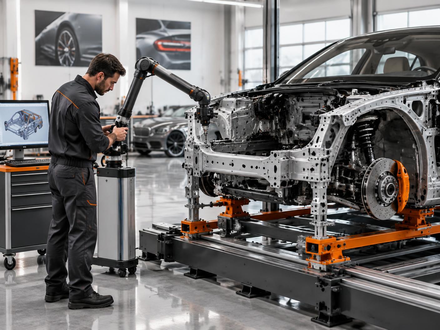 Technician measuring a vehicle structure