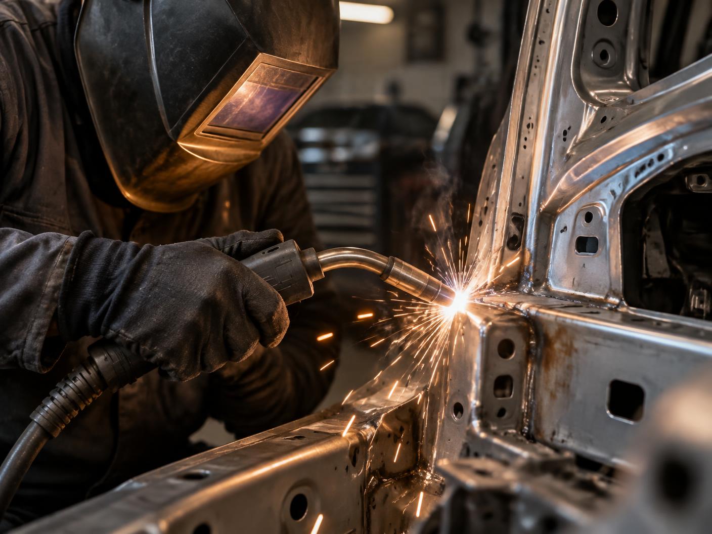 Technician welding a structural panel