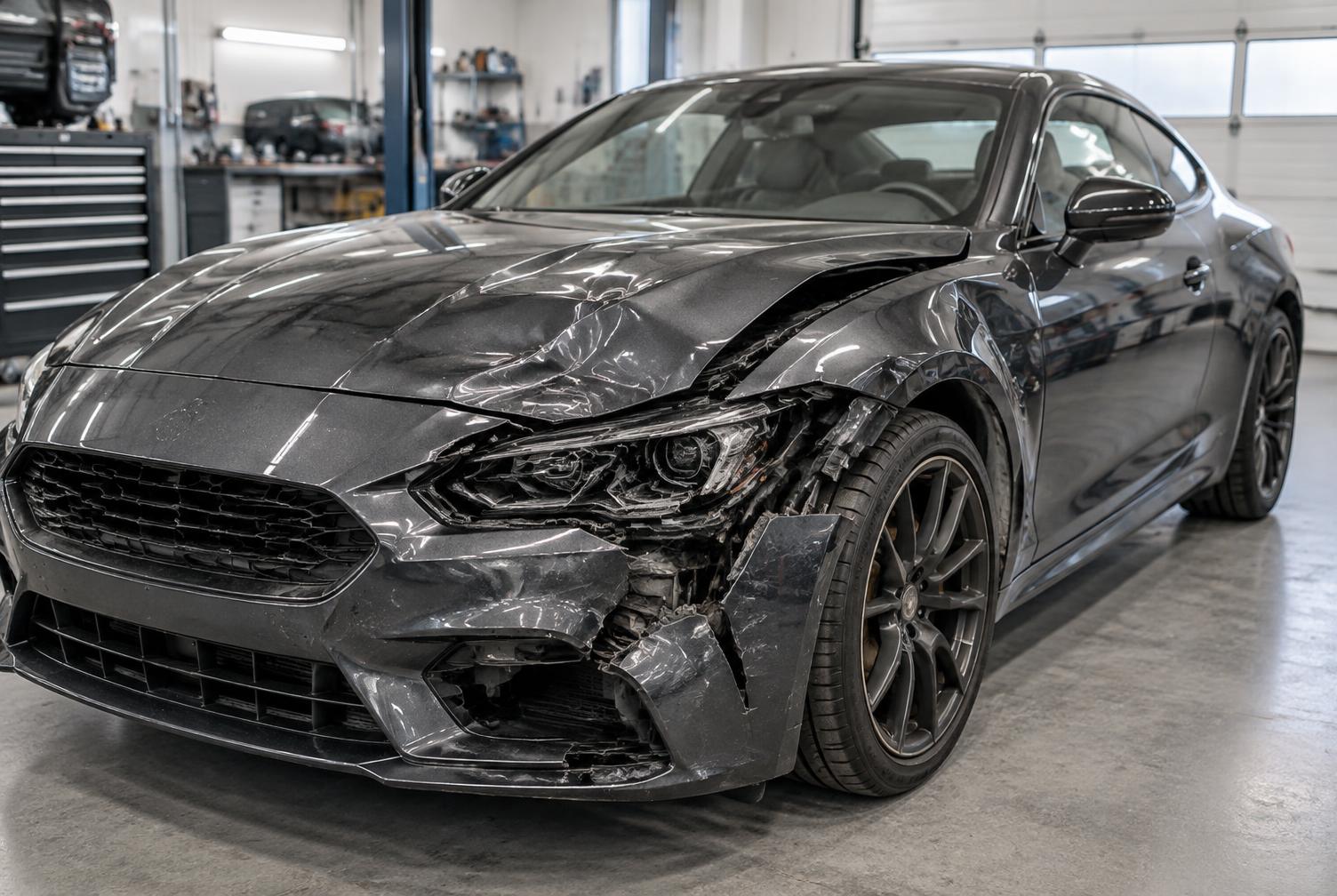 Damaged graphite performance coupe before repair